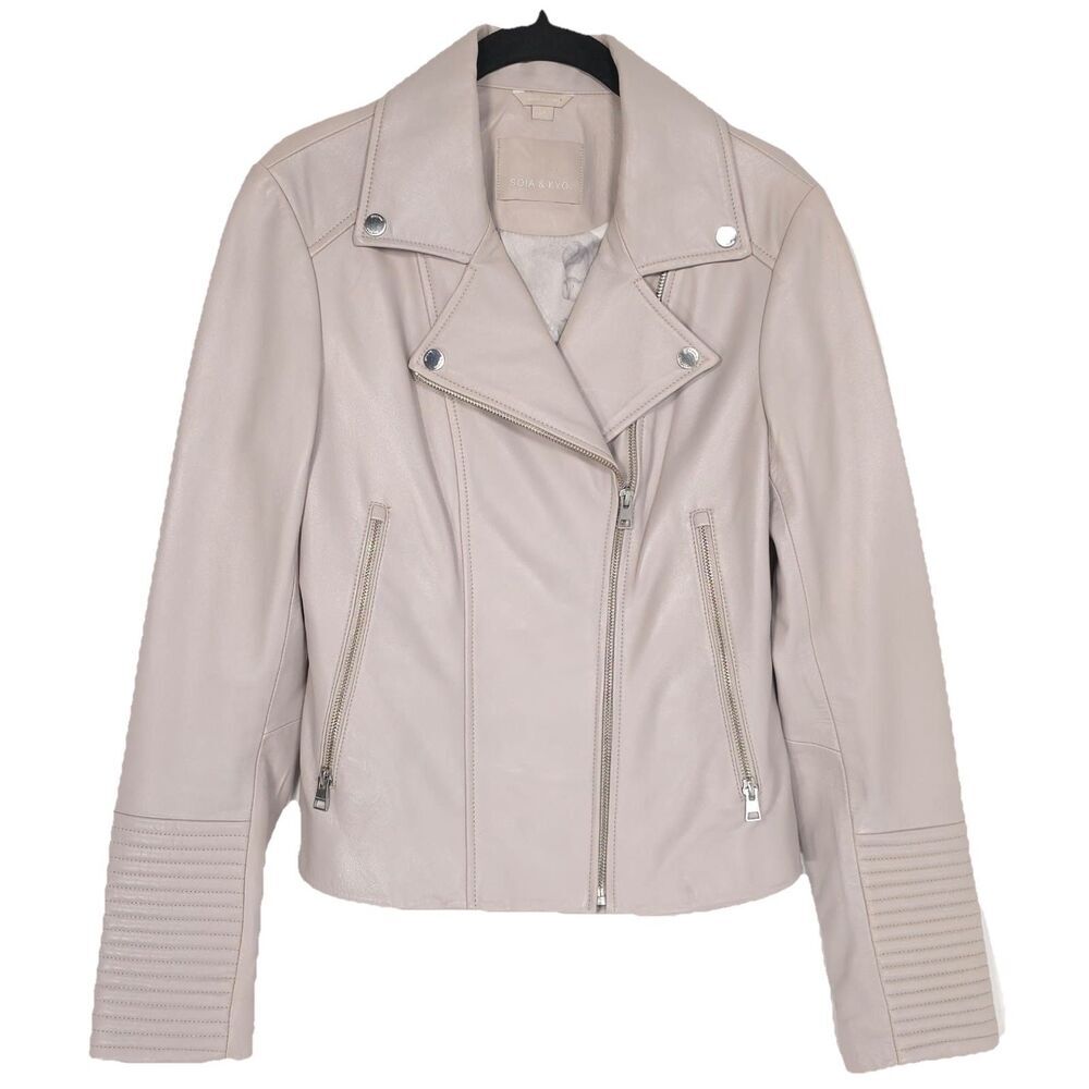 SOIA & KYO Size S/P Mija LAMBSKIN LEATHER Jacket Stone Neutral Luxury Moto Biker